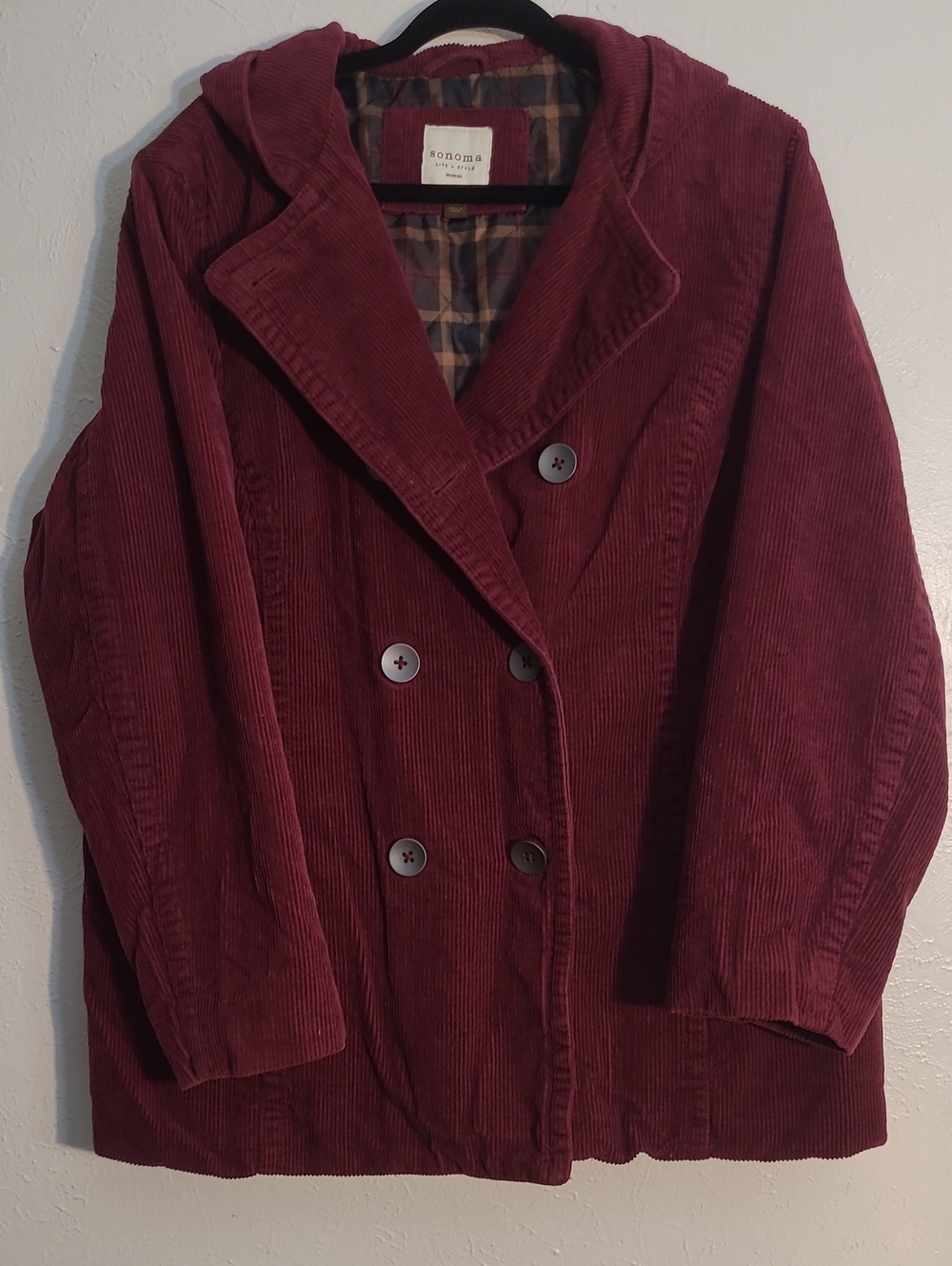 Sonoma Women's Deep Burgundy Corduroy Double-Breasted Pea Coat